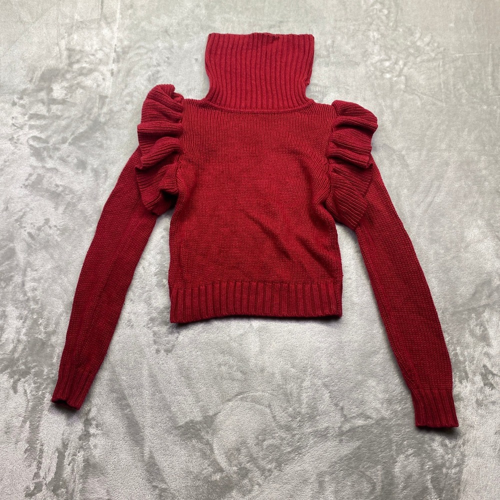 LPA Red Ruffle Shoulder Turtleneck Sweater Lambwool Blend‎ XXS Ribbed Knit